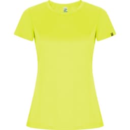 A women's T-shirt in bright lime green, featuring short sleeves and a fitted style. It has a logo on one side.