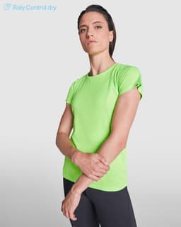 A bright green women's T-shirt with a fitted style and rolled sleeves, featuring a small logo.