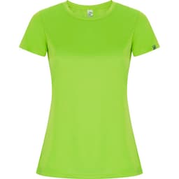 A bright green women's t-shirt with short sleeves and a fitted design. It features a logo on one sleeve.