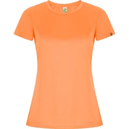 An orange women's T-shirt with short sleeves, featuring a logo on the sleeve.