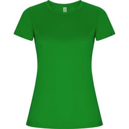 A green women's T-shirt with short sleeves and a fitted design. Features a logo on one sleeve.