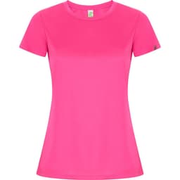 A pink women's T-shirt with a fitted design and short sleeves, featuring a small logo on one side.