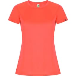 A coral women's T-shirt with a slim fit and short sleeves, featuring a small logo on the sleeve.