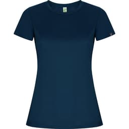 A navy blue women's t-shirt featuring a fitted style and a small logo tag on the sleeve.