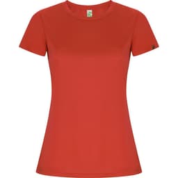 A red women's T-shirt with short sleeves and a fitted design. Features a logo on the sleeve.
