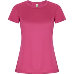 A pink women's T-shirt with a round neckline and short sleeves. It has a simple design and a branded logo.