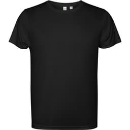 A black T-shirt featuring a crew neck and short sleeves. The product includes a logo at the neckline.