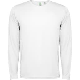 A long-sleeved T-shirt in white, featuring a simple design and a logo on the garment.