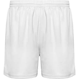 White sport shorts with an elastic waistband and a simple design. The shorts feature a logo on the front.