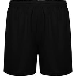 A pair of black sports shorts with an elastic waistband and a simple design, featuring a logo.