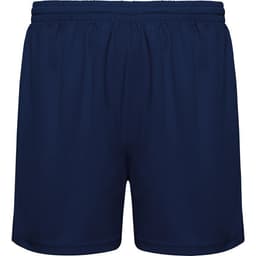 Navy blue sports shorts with an elastic waistband and a simple design, featuring a logo.