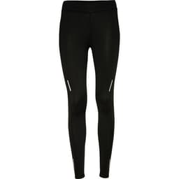 Black leggings featuring reflective detailing, designed for comfort and functionality. Includes a branding logo.