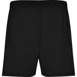 Black sports shorts featuring an elastic waistband and a simple design, with a logo on the waistband.