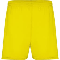 Bright yellow sports shorts with an elastic waistband and no visible logos or branding.