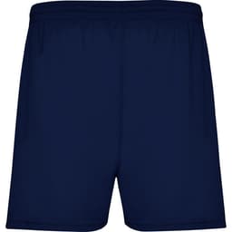 Navy blue sports shorts with an elastic waistband and a simple design, featuring a logo branding.