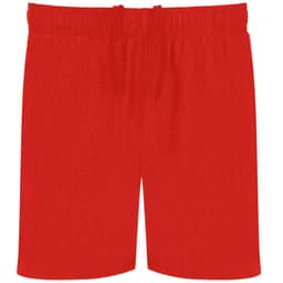 Red sports shorts featuring an elastic waistband and a drawstring, with a logo on the front.