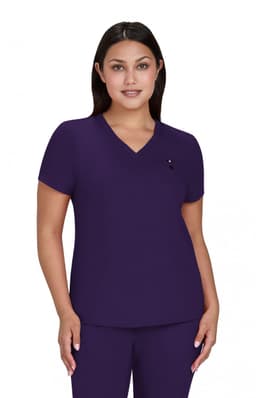 A purple short-sleeve top with a V-neck and a logo on the chest, modelled by a woman.