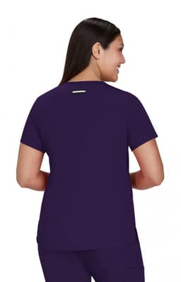 A purple short-sleeve top is displayed on a woman, showing the back view. The top features a logo.