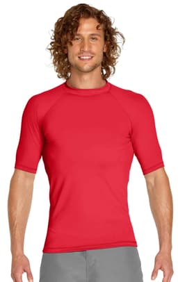 A red adult short sleeve rashie featuring UPF 50+ protection, displayed on a male model with curly hair.