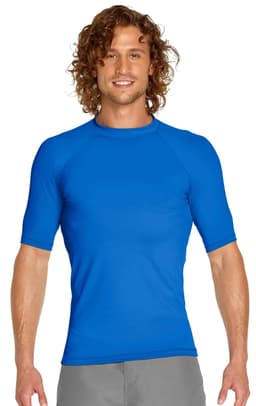 A blue adult short sleeve rashie with UPF 50+ protection, featuring a fitted design and logo.