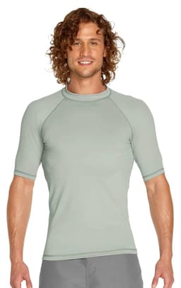 A short sleeve rashie in a soft green hue featuring a fitted style and a logo. Ideal for sun protection with UPF 50+.