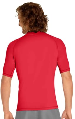 A red short sleeve rashie with a fitted design, featuring a logo on the back.