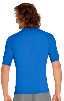 A blue adult short sleeve rashie with UPF 50+ protection, featuring a logo on the back.