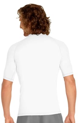 A back view of a short sleeve rashie in white, featuring a fitted design and a logo on the back.