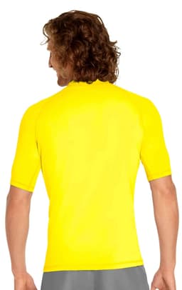 A yellow adult short sleeve rashie with UPF 50+, featuring a fitted design and a logo on the back.