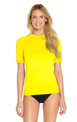 A yellow adult short sleeve rashie with UPF 50+, featuring a fitted design and a logo detail.