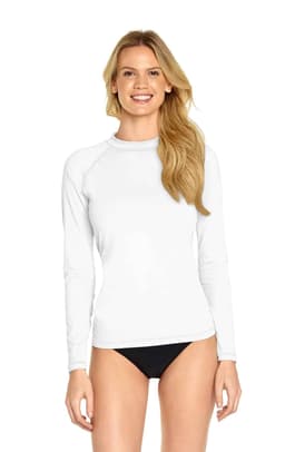 A white long sleeve rashie with UPF 50+ protection, featuring a fitted design and a round neck.
