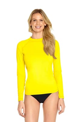 A bright yellow long sleeve rashie with UPF 50+ protection, modelled by a woman wearing black swimwear.