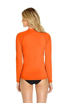 An orange long sleeve rashie with a fitted design, featuring a high collar and a plain back.