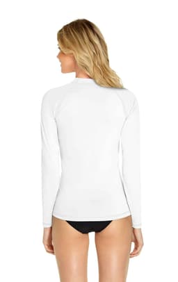 A white adult long sleeve rashie with a sleek design, featuring a logo on the back.