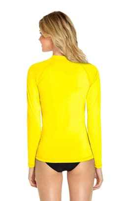 A yellow long sleeve rashie with a high collar, featuring a fitted design and a logo on the back.