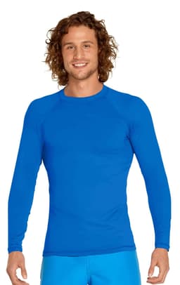 A long sleeve rashie in vibrant blue, featuring a crew neckline and a fitted silhouette, with branding present.