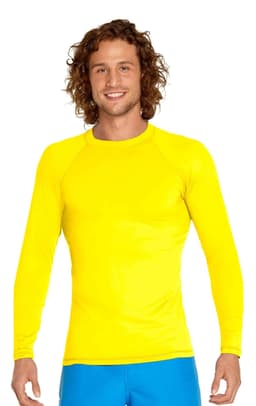 A long-sleeve rashie in bright yellow, featuring a fitted design and a logo on the chest.