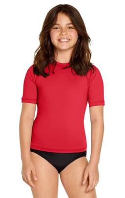 A red youth short sleeve rashie with UPF 50+ protection, featuring a black bikini bottom. The product has a logo.