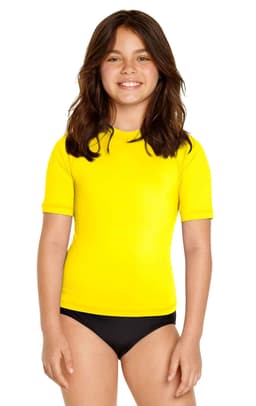 A bright yellow youth short sleeve rashie with a black bottom. Features a logo on the upper front.