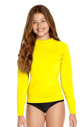 A bright yellow long sleeve rashie with a fitted design, featuring a logo on the chest, ideal for sun protection.