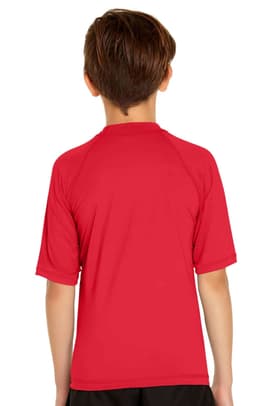 A red youth short sleeve rashie with a simple design and a small logo on the back.