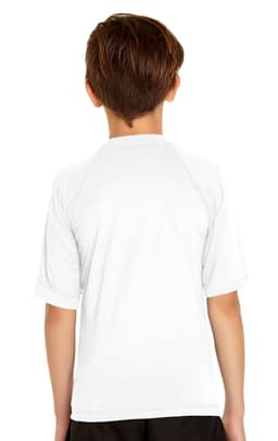 A youth short sleeve rashie in white, featuring a simple design and a logo on the back.