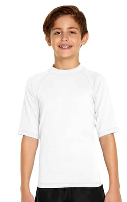 A young boy in a short sleeve white rashie, featuring a logo, designed for sun protection with UPF 50+.