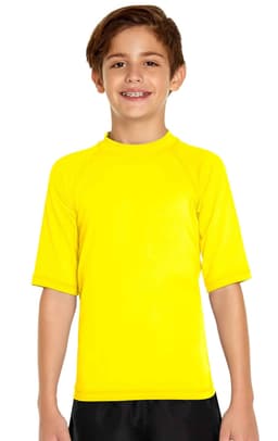 A bright yellow youth short sleeve rashie featuring a logo, designed for sun protection with UPF 50+.