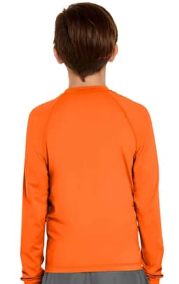 An orange long sleeve rashie with a UPF 50+ rating for youth, featuring a simple design without visible branding.
