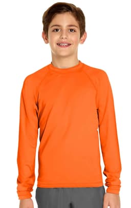 An orange long sleeve rashie designed for youth, featuring a simple, smooth design. It has a logo on the chest.