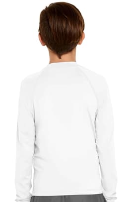 A white youth long sleeve rashie with UPF 50+ protection, displayed from the back. It features a simple design and has branding.