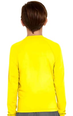 A yellow long sleeve rashie with a round neckline, designed for youth, featuring a logo on the back.