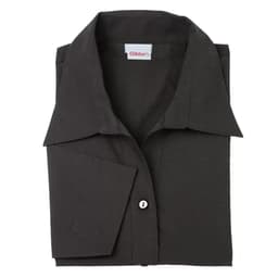 A folded black shirt with a collar, featuring a single button and a logo label on the inside.