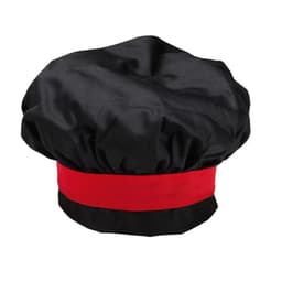 A black toque chef hat with a red band around the base, featuring a logo.